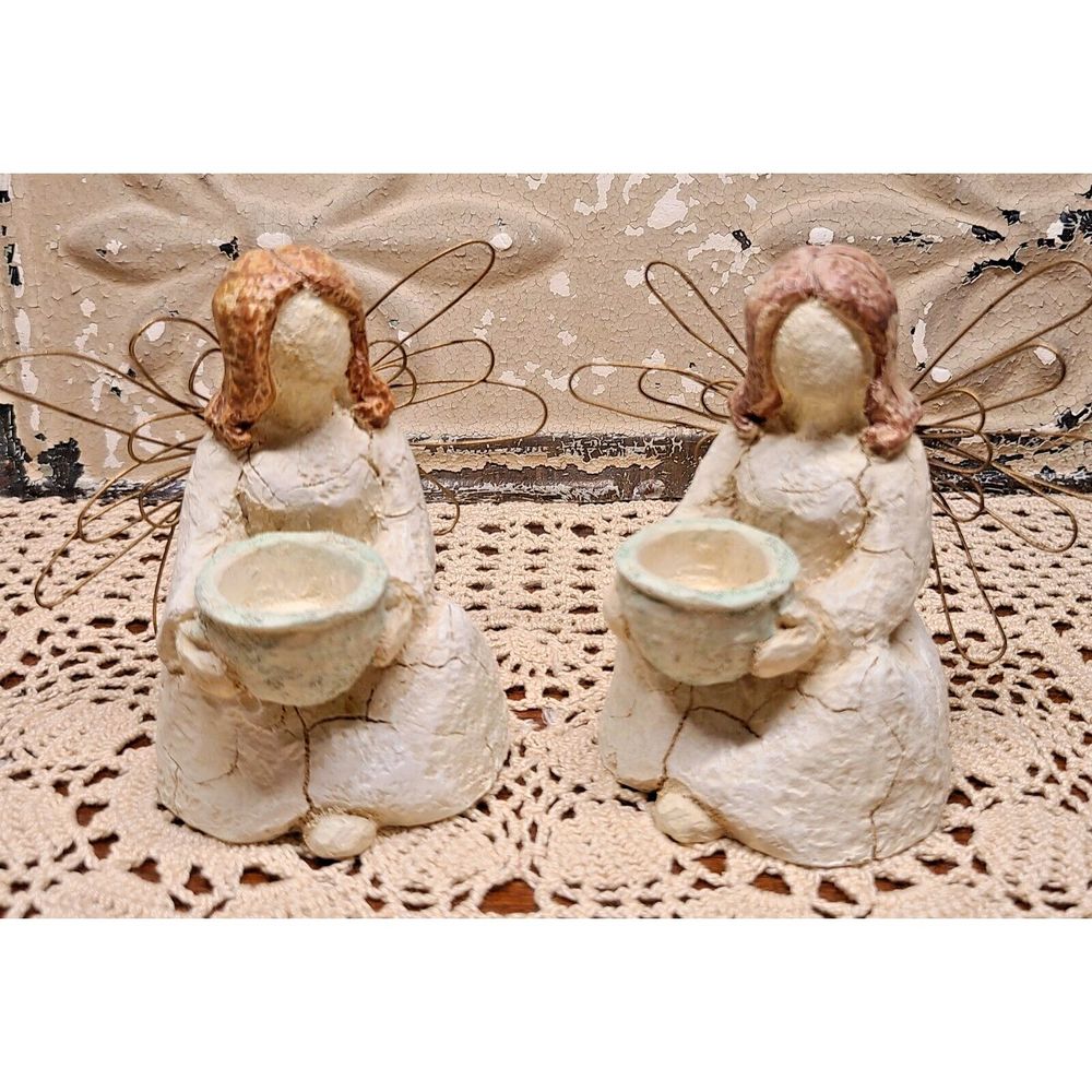 Vintage Set of 2 Rustic Folk Art Angel Candle Holders Greenbrier Intl.